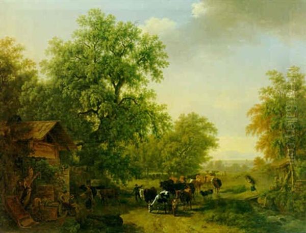 Dorfeingang Mit Heimkehrender Viehherde Oil Painting by Pierre Louis De La Rive