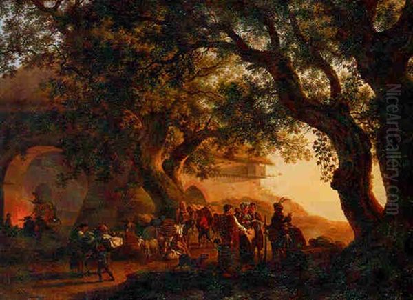 Halte Des Bohemiens Pres D'une Vieille Chaumiere Au Soleil Couchant Oil Painting by Pierre Louis De La Rive