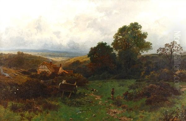 Country Landscape, With Figures Picking Brambles And Feeding Chickens Oil Painting by Leopold Rivers