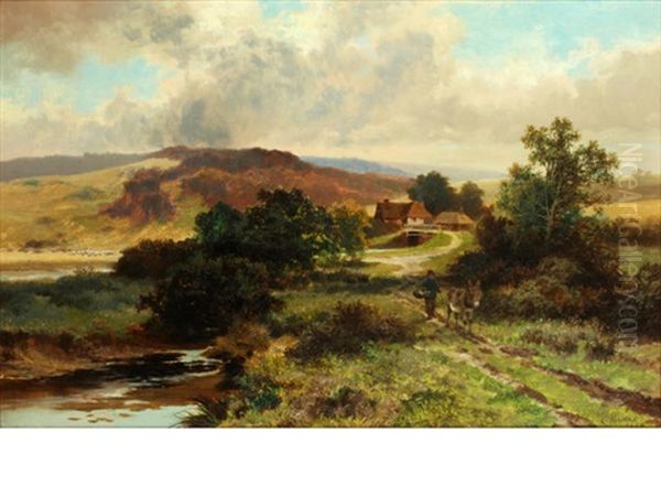 Traveller And A Donkey On A Track Before A Farm, In A Moorland Landscape Oil Painting by Leopold Rivers