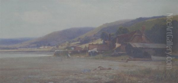 A Figure Hanging Out Washing On The Banks Of An Estuary Oil Painting by Leopold Rivers