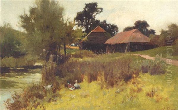 Ducks By A Pond With Farm Buildings Beyond Oil Painting by Leopold Rivers