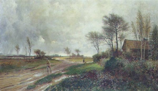 Landskab Med Gaende Pa En Sti, Det Traekker Op Til Uvejr Oil Painting by Leopold Rivers