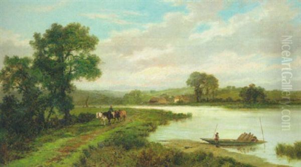 Shire Horses On A Tow Path Near Knowl Hill Oil Painting by Leopold Rivers