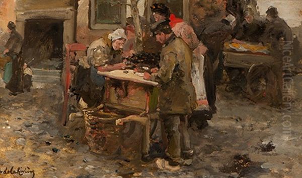 Food Stall On The Market Oil Painting by Adriaan de la Riviere