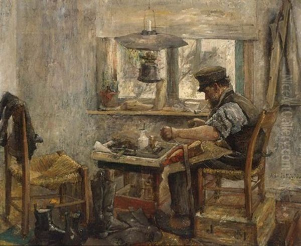 A Cobbler At Work Oil Painting by Adriaan de la Riviere