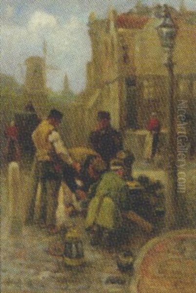 At Work In The Street Oil Painting by Adriaan de la Riviere