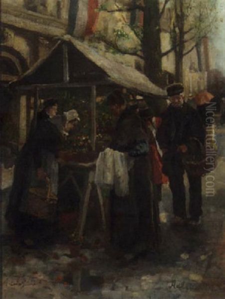 Flower Market During Queensday, Holland Oil Painting by Adriaan de la Riviere