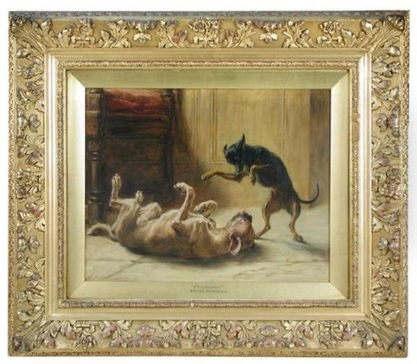 Playmates - A Manchester Terrier Oil Painting by Briton Riviere