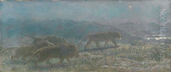 A Pride Of Lions At Dusk Oil Painting by Briton Riviere