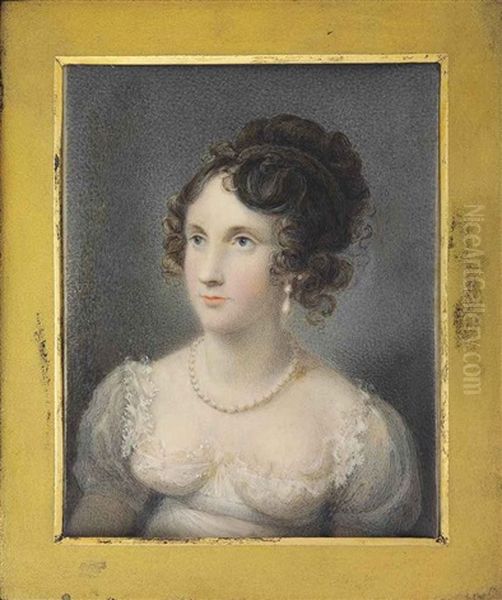 Lady Georgiana Stanhope (1803-1824), In White Dress With Muslin Sleeves, Trimmed With Lace, Pearl Necklace, Drop-pearl Earring, Upswept Curling Brown Hair Oil Painting by Daniel Valentine Riviere