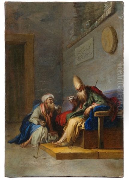 Imam Und Derwisch Im Gesprach. An Der Wand Eine Schrifttafel Mit Einem Spruch Des Sufismus Oil Painting by Francois Riviere