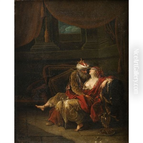 Couple Oriental Dans Un Interieur (+ Vieillard Et Jeune Homme Jouant Avec Un Chien Dans Un Interieur; Pair) Oil Painting by Francois Riviere