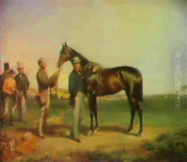 'mr. Freshman' With His Owner, The Hon. Charles Talbot,     Being Held By His Groom, A Jockey And Two Gentleman Beyond Oil Painting by William Riviere