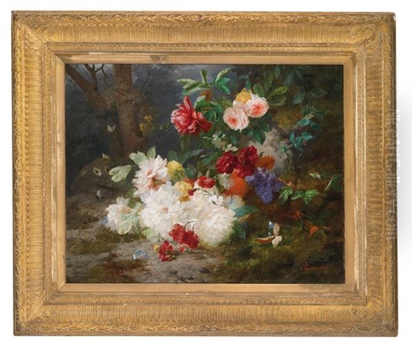 Blumenstuck Am Waldboden Mit Pfingstrosen Und Flieder Oil Painting by Francois Rivoire