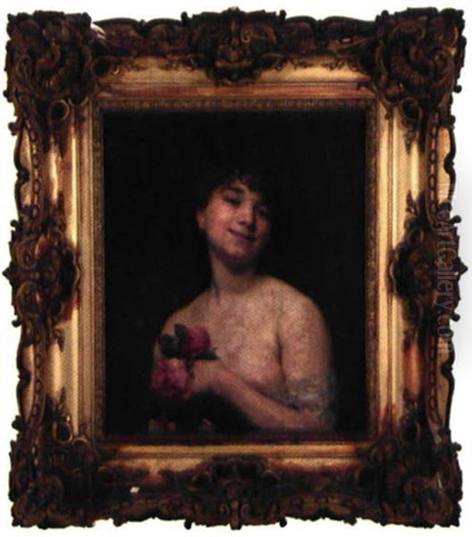 Jeune Femme Au Bouquets De Roses Ou Mademoiselle Delagrange Oil Painting by Jean Andre Rixens