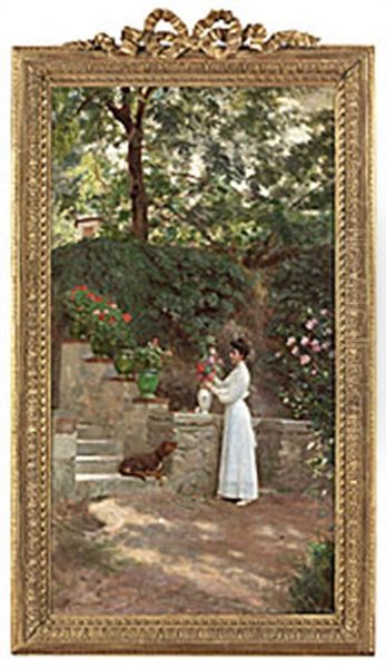 Woman In Her Garden Oil Painting by Jean Andre Rixens