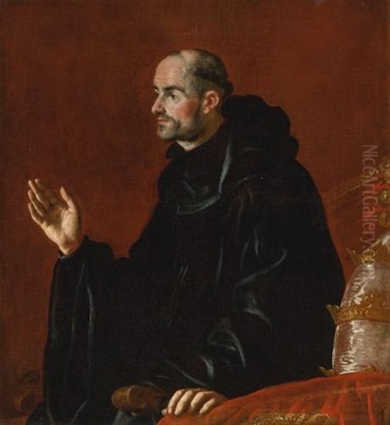 Portrait Of A Benedictine Monk, Half Length, Standing Beside A Throne And Mitre Oil Painting by Fray Juan Andres Rizi de Guevara