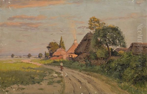 Girl With Geese On A Village Road Oil Painting by Fedor Petrovich Riznichenko