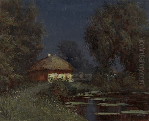 Ukrainian Hut Near A Pond At Night Oil Painting by Fedor Petrovich Riznichenko