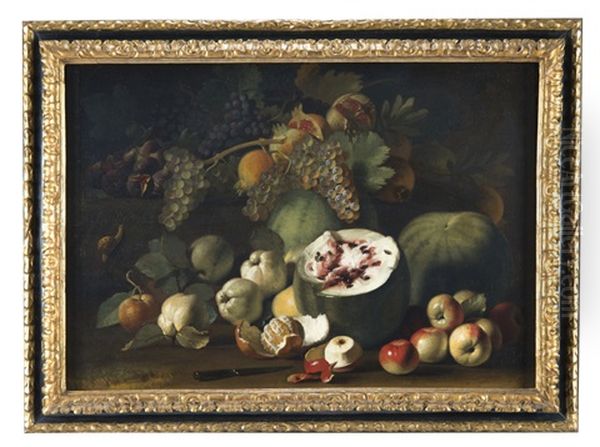 Natura Morta Con Melone, Uva, Melagrane, Arance E Mele Oil Painting by Marco Antonio Rizzi