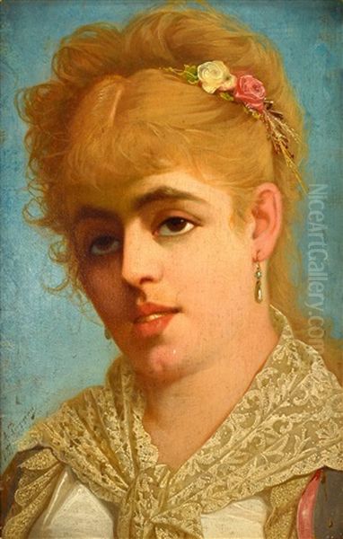 Girl With Flowers In Her Hair Oil Painting by Alexander (Aleksandr) Antonovich Rizzoni