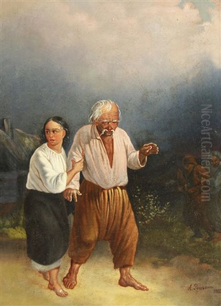 Young Girl And Blind Beggar Oil Painting by Alexander (Aleksandr) Antonovich Rizzoni