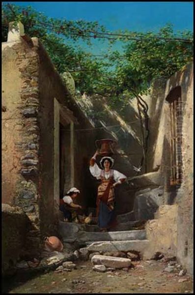 In An Italian Courtyard Oil Painting by Alexander (Aleksandr) Antonovich Rizzoni