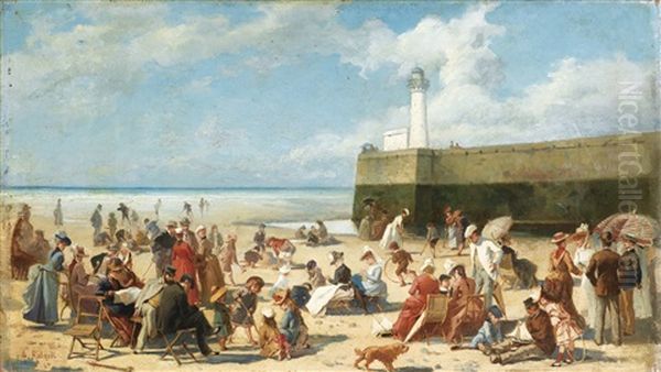 Scene De Plage En Ete Oil Painting by Alcide Theophile Robaudi