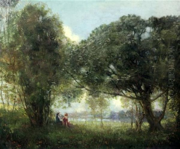 Figures Seated Beneath Trees In A Landscape Oil Painting by William George Robb