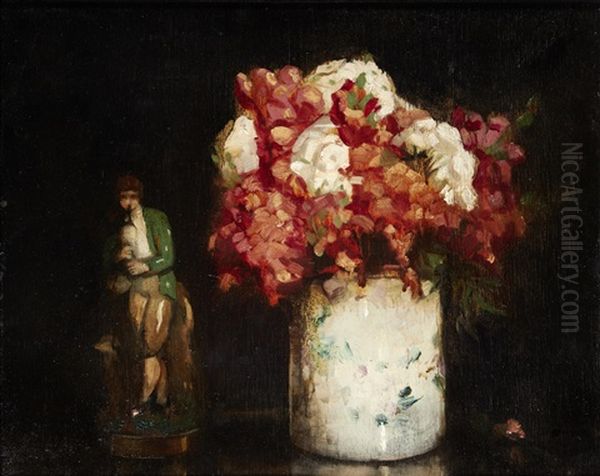 Still Life With Flowers And Figurine Oil Painting by William George Robb