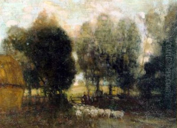 Shepherd And Flock At A Farm Gate Oil Painting by William George Robb