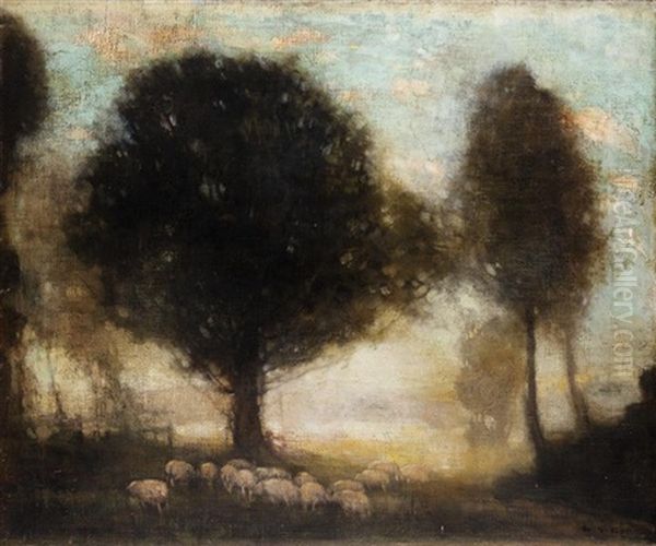 Landscape With Sheep And Trees (+ Another; 2 Works) Oil Painting by William George Robb