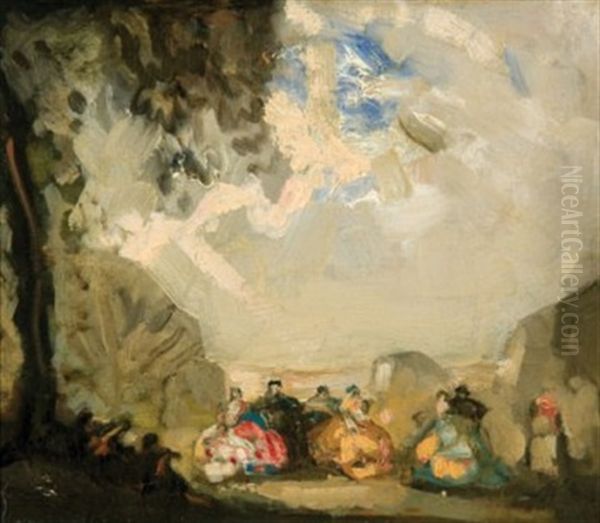 Elegant Figures Dancing In A Landscape (sketch For Decorative Panel) Oil Painting by William George Robb