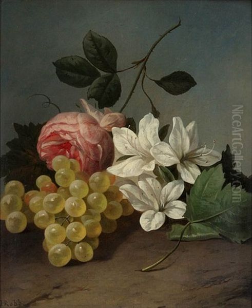 Still Life With Grapes, Rose And White Flowers Oil Painting by Henri Robbe