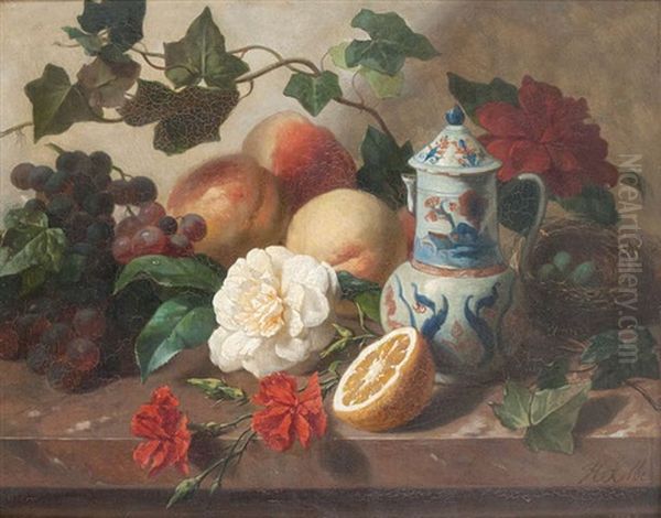 Nature Morte Aux Fruits, Fleurs Et Porcelaine De Chine Sur Entablement Oil Painting by Henri Robbe