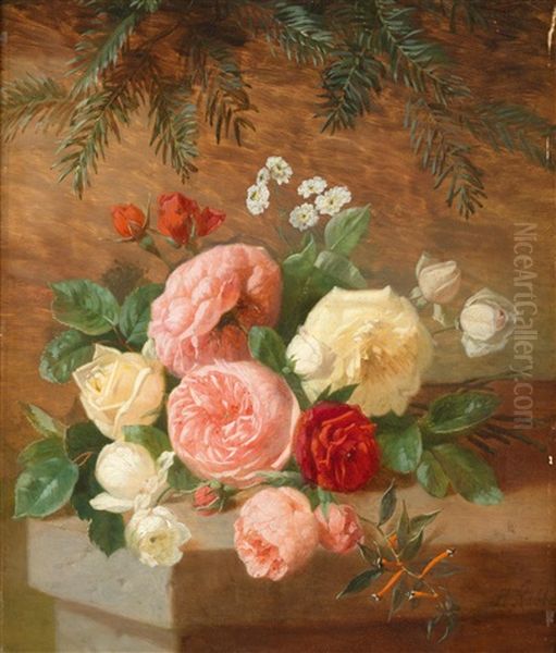 Roses On A Stone Wall Oil Painting by Henri Robbe