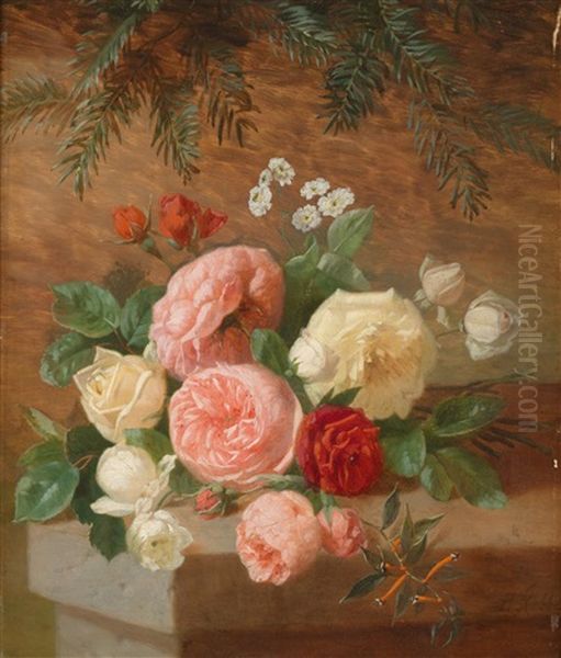 Rosen Auf Einer Steinmauer Oil Painting by Henri Robbe