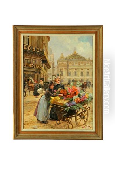 The Flower Cart Vendor Oil Painting by Henri Robbe