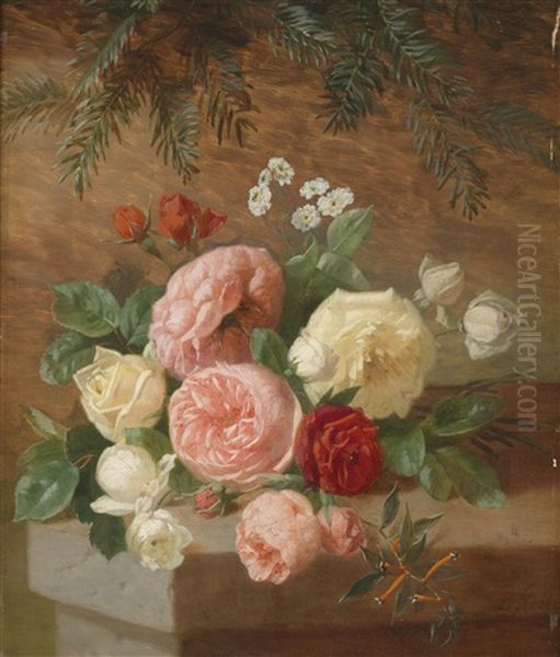 Rosen Auf Eine Steinmauer Oil Painting by Henri Robbe