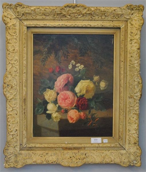 Bouquet De Roses Sur Un Entablement Oil Painting by Henri Robbe