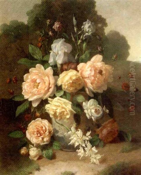 Roses, Irises, Orchids And Other Flowers In A Vase Oil Painting by Henri Robbe