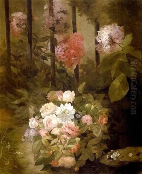 Coin De Jardin Avec Bouquet De Roses Et Hortensias Oil Painting by Henri Robbe