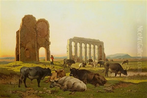 In Der Romischen Campagna. Hirten Mit Ihrem Vieh Vor Antiken Ruinen Oil Painting by Louis Robbe