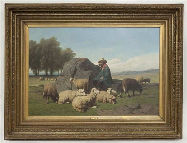 Shepherd With His Flock Oil Painting by Louis Robbe