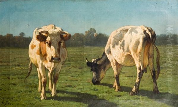 Deux Vaches Dans La Prairie Oil Painting by Louis Robbe