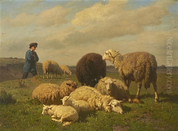 A Shepherd Tending His Sheep Oil Painting by Louis Robbe