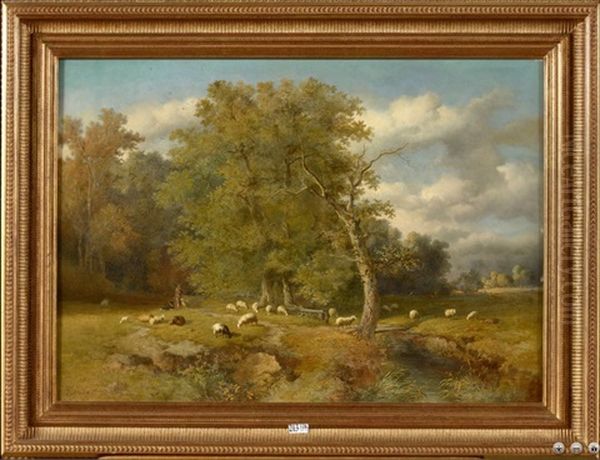 Berger Et Son Troupeau Au Bord Du Ruisseau Oil Painting by Louis Robbe