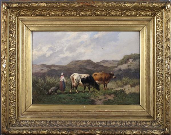 Bergere Et Vaches Dans Les Dunes Oil Painting by Louis Robbe