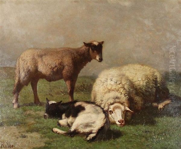 Sheep And Goat In A Landscape Oil Painting by Louis Robbe